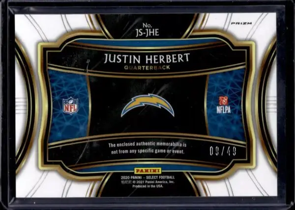 Justin Herbert 2020 Panini Select Jumbo Rookie Swatches /49 Los Angeles Chargers JS-JHE - Image 2