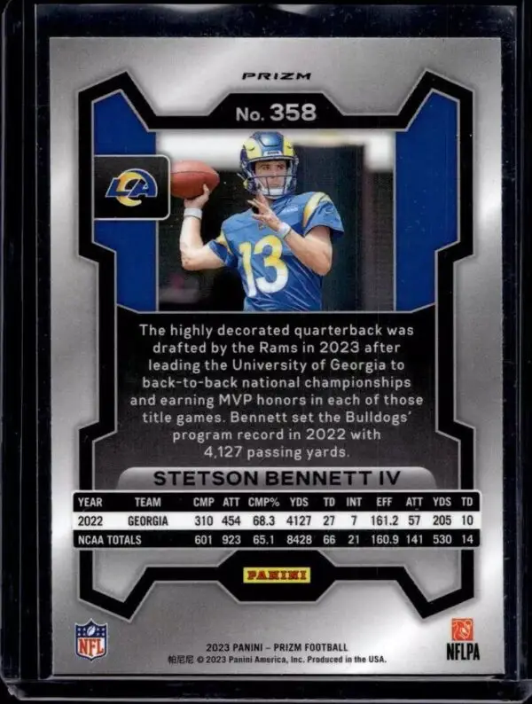 Stetson Bennett IV 2023 Panini Prizm Red Sparkle Rookie Los Angeles Rams 358 - Image 2