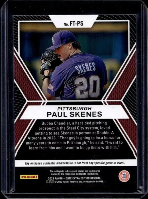 Paul Skenes 2023 Panini Elite Extra Future Threads Pittsburgh Pirates FT-PS - Image 2