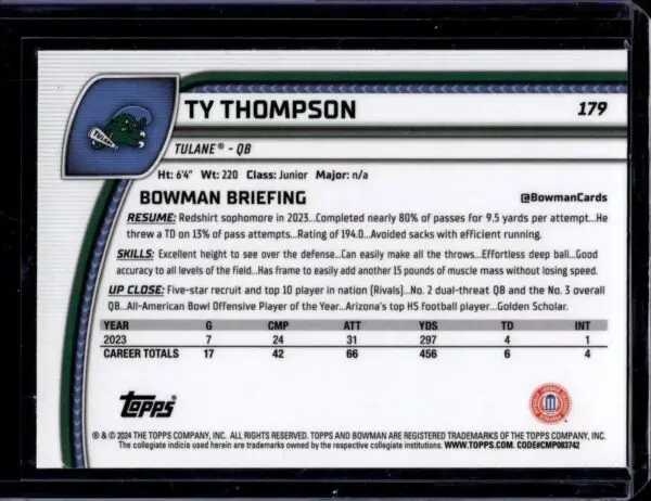 Ty Thompson 3 Card Lot 2024 Bowman U Chrome Stealth /24 Aqua Mini /275 X-Fractor Tulane Green Wave - Image 6