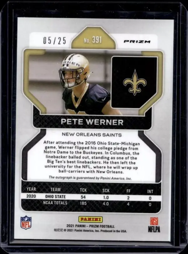 Pete Werner 2021 Panini Prizm RC Blue Shimmer Auto /25 Rookie New Orleans Saints - Image 2