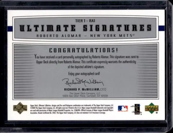 Roberto Alomar 2002 Upper Deck Ultimate Collection Auto New York Mets RA1 - Image 2