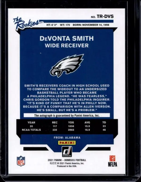 DeVonta Smith 2021 Donruss The Rookies Auto /299 Philadelphia Eagles TR-DVS - Image 2