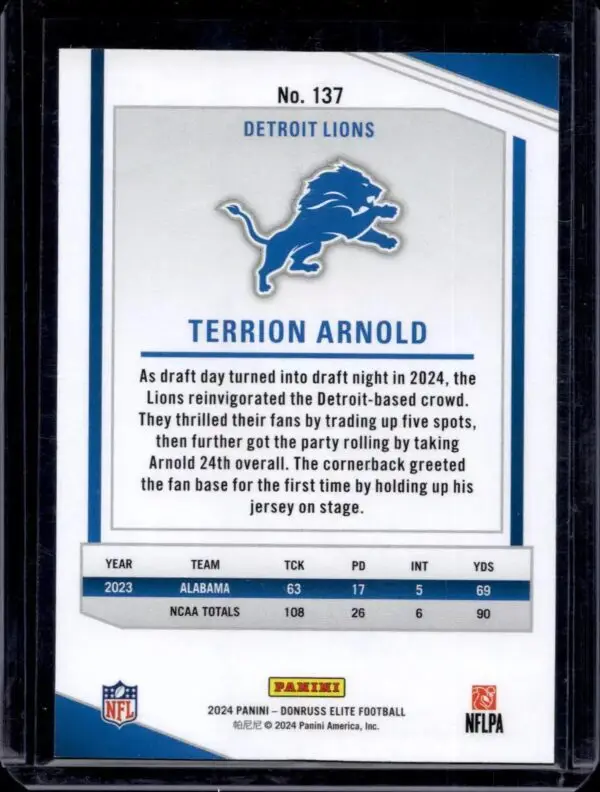 Terrion Arnold 2024 Donruss Elite Platinum FOTL /3 Rookie Detroit Lions 137 - Image 2