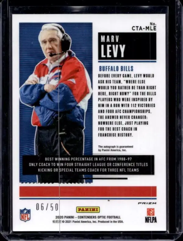 Marv Levy 2020 Panini Contenders Optic Coaches Auto /50 Buffalo Bills CTA-MLE - Image 2