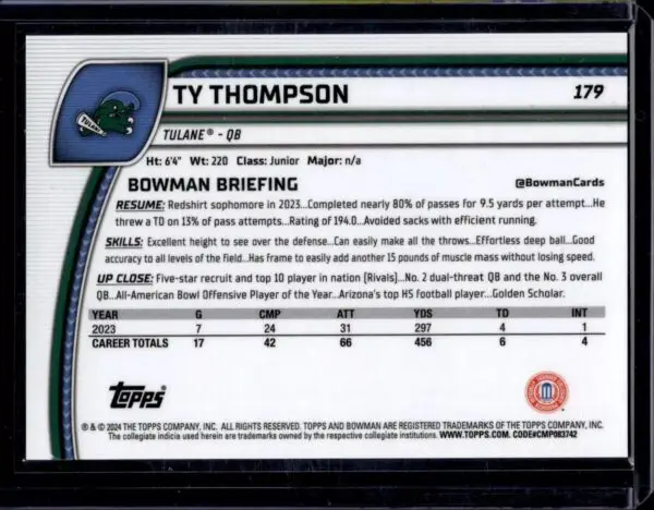 Ty Thompson 3 Card Lot 2024 Bowman U Chrome Stealth /24 Aqua Mini /275 X-Fractor Tulane Green Wave - Image 4