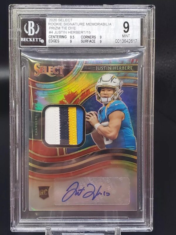 Justin Herbert 2020 Panini Select Tie Dye Patch Auto /15 Los Angeles Chargers RSM-JHE BGS 9