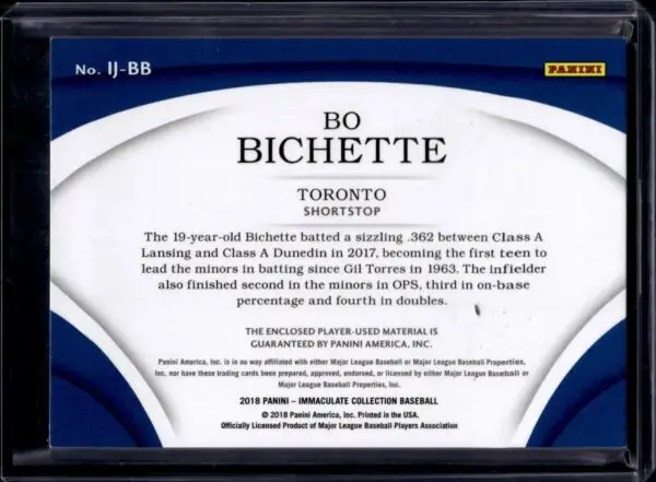 Bo Bichette 2018 Panini Immaculate Jumbo Jersey Number /10 Toronto Blue Jays IJ-BB - Image 2