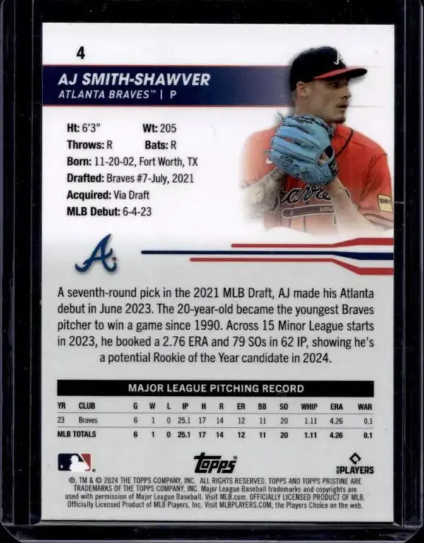 AJ Smith-Shawver 2024 Topps Pristine Orange Refractor /25 RC Atlanta Braves 4 - Image 2