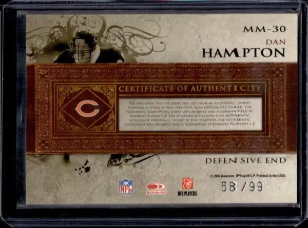 Dan Hampton 2007 Leaf Limited Material Monikers Auto /99 Chicago Bears MM-30 - Image 2