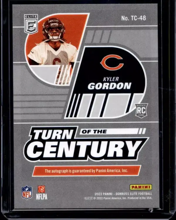 Kyler Gordon 2022 Donruss Elite Turn of the Century Auto RC /99 Chicago Bears TC-48 - Image 2