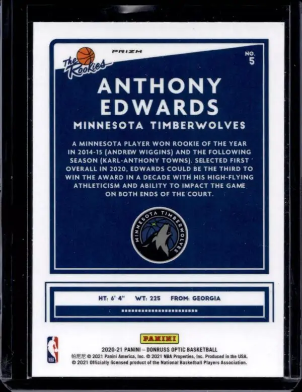 Anthony Edwards 2020-21 Donruss Optic The Rookies Holo Minnesota Timberwolves 5 - Image 2