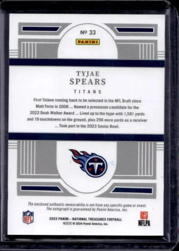 Tyjae Spears 2023 National Treasures RC Material Signatures /99 Tennessee Titans 33 - Image 2