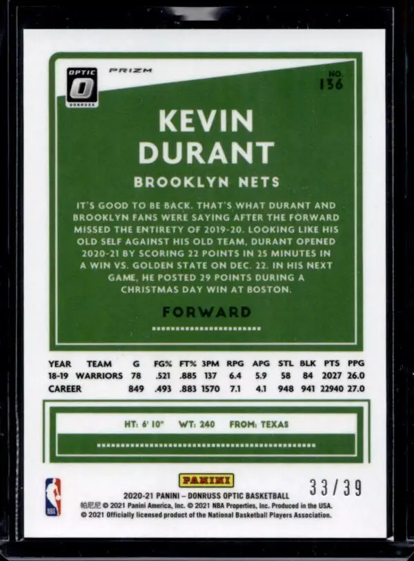 Kevin Durant 2020-21 Donruss Optic Black Velocity /39 Brooklyn Nets 136 - Image 2