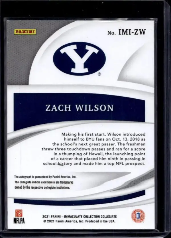 Zach Wilson 2021 Immaculate Collegiate Auto /99 BYU Cougars IMI-ZW - Image 2