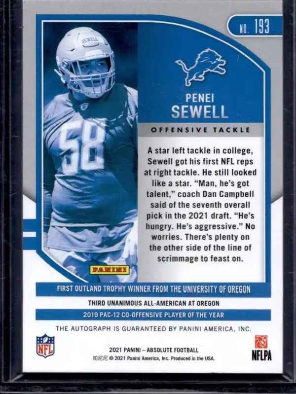 Penei Sewell 2021 Panini Absolute RC Auto /199 Detroit Lions 193 - Image 2