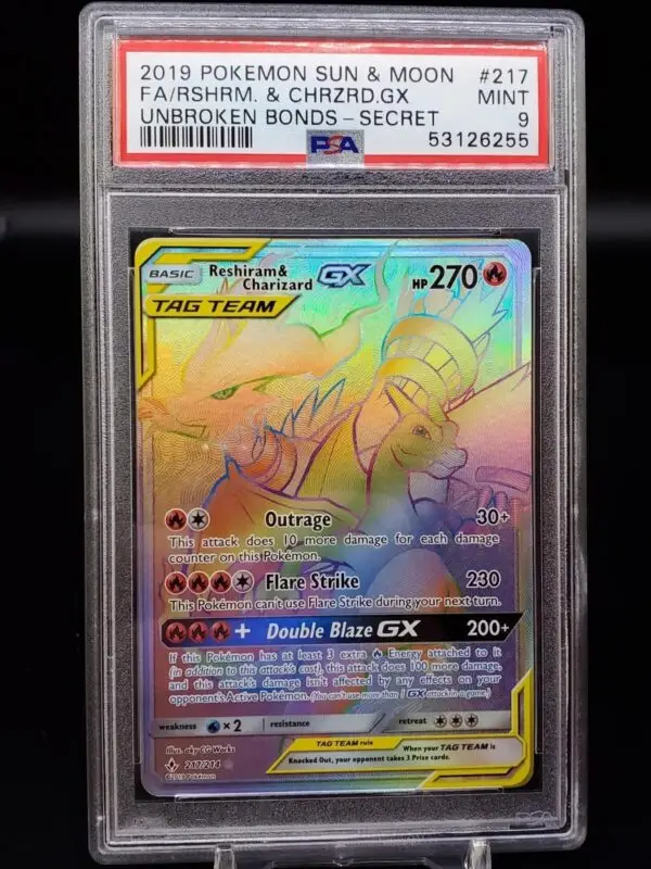 Reshiram & Charizard GX Pokemon Unbroken Bonds Secret Rare 217/214 PSA 9