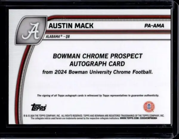 Austin Mack 2024 Bowman U Chrome Prospect Auto Alabama Crimson Tide PA-AMA - Image 2