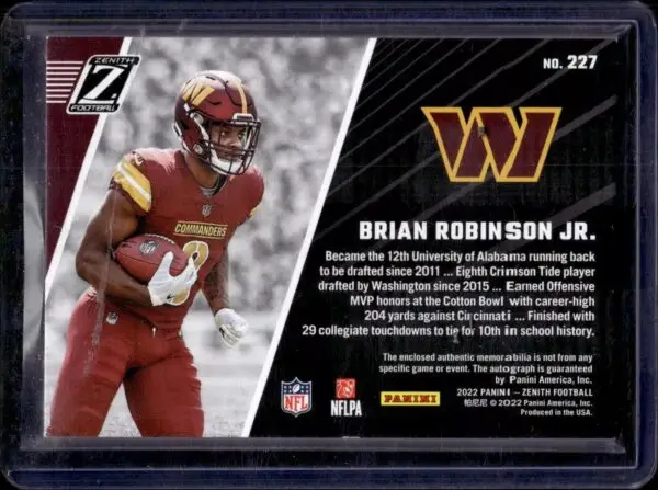 Brian Robinson Jr. 2022 Zenith Auto /299 Rookie Washington Commanders 227 - Image 2