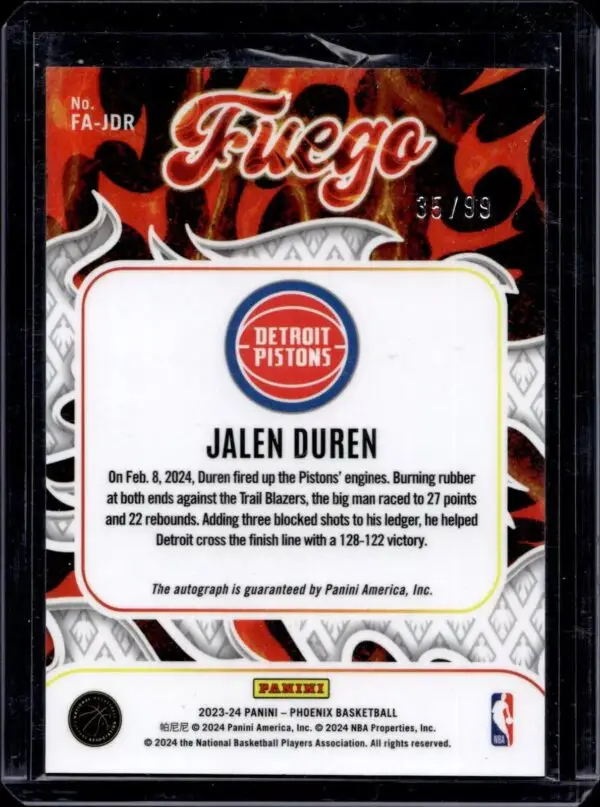 Jalen Duren 2023-24 Panini Phoenix Fuego Auto /99 Detroit Pistons FA-JDR - Image 2