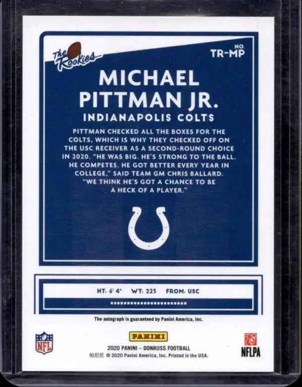 Michael Pittman Jr. 2020 Donruss The Rookies Auto /299 Indianapolis Colts TR-MP - Image 2