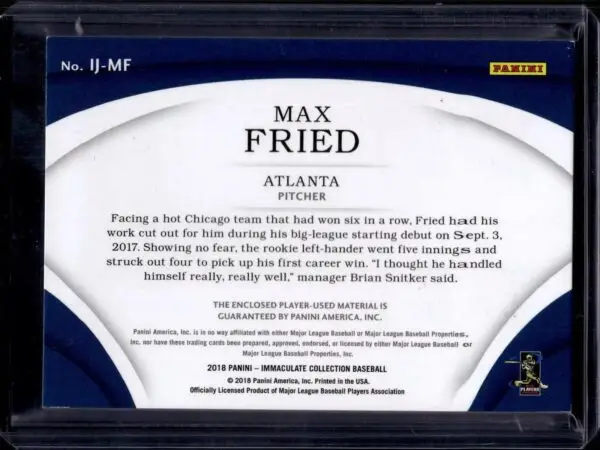 Max Fried 2018 Panini Immaculate Jumbo Jersey Number /10 Atlanta Braves IJ-MF - Image 2