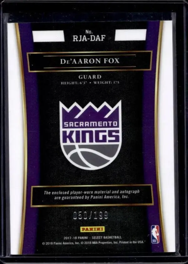 De'Aaron Fox 2017-18 Panini Select Rookie Auto /199 Sacramento Kings RJA-DAF - Image 2