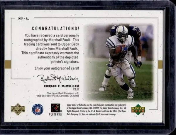 Marshall Faulk 1999 SP Authentic Player's Ink Green Auto St. Louis Rams MF-A - Image 2