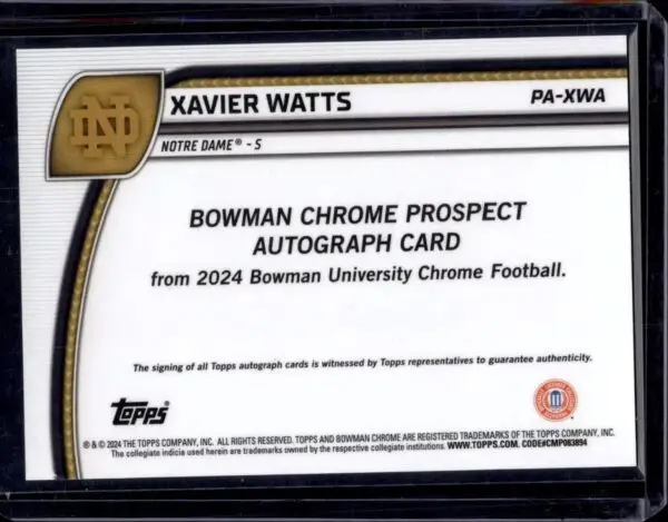 Xavier Watts 2024 Bowman U Chrome Fuchsia Auto /150 Notre Dame Fighting Irish PA-XWA - Image 2