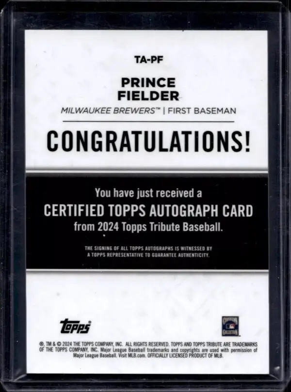 Prince Fielder 2024 Topps Tribute Orange Auto /25 Milwaukee Brewers TA-PF - Image 2