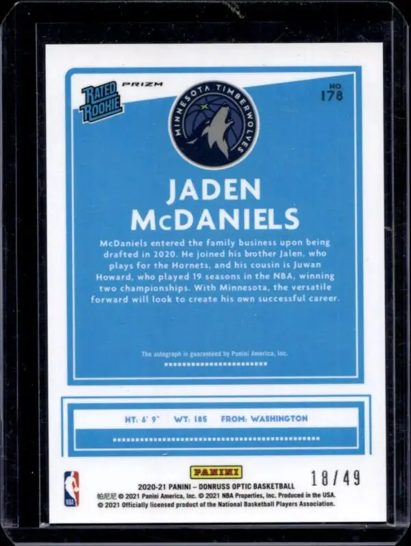 Jaden McDaniels 2020-21 Donruss Optic Rated Rookie Blue Auto /49 Minnesota Timberwolves - Image 2