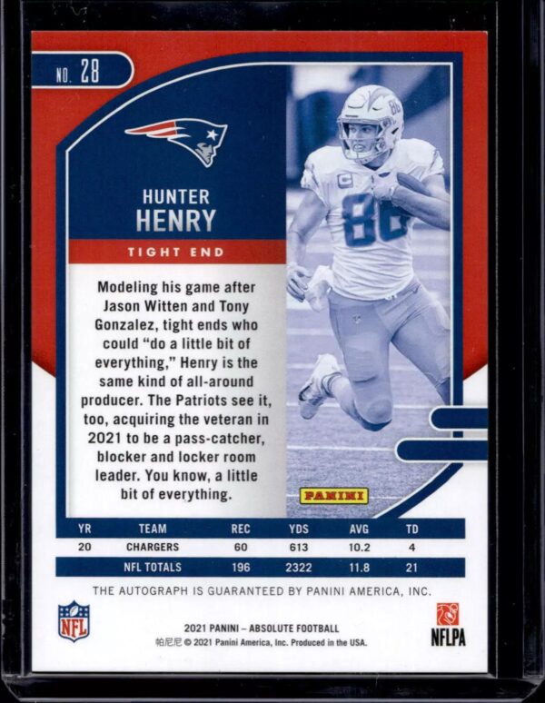 Hunter Henry 2021 Panini Absolute Gold Stars Auto /10 New England Patriots 28 - Image 2