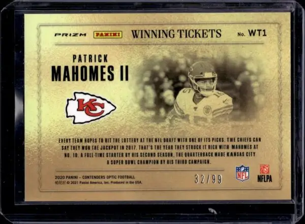 Patrick Mahomes II 2020 Panini Contenders Optic Winning Tickets Blue /99 Kansas City Chiefs - Image 2