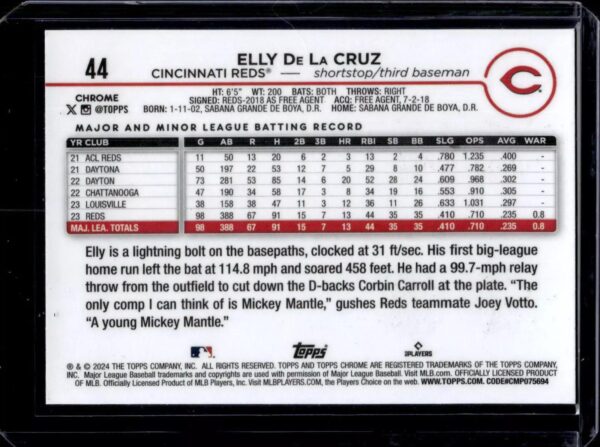 Elly De La Cruz 2024 Topps Chrome Raywave Refractor Rookie Cincinnati Reds 44 - Image 2