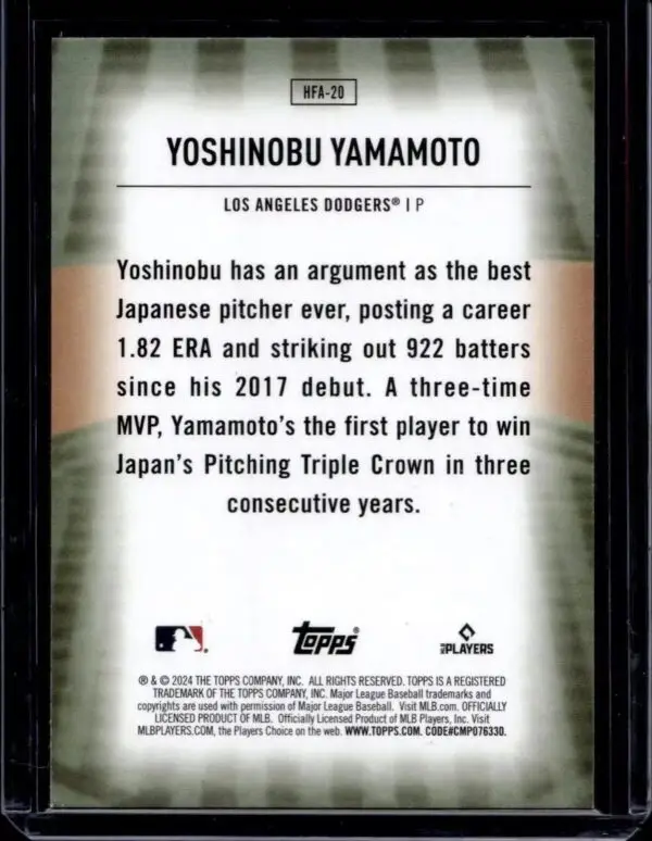 Yoshinobu Yamamoto 2024 Topps Home Field Advantage RC Los Angeles Dodgers HFA-20 - Image 2