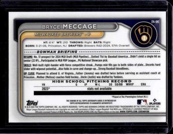 Bryce Meccage 2024 Bowman Draft Chrome 1st Gold Shimmer Auto /50 Milwaukee Brewers CPA-BME - Image 2