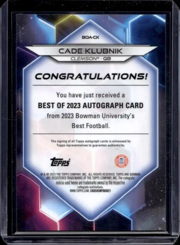 Cade Klubnik 2023 Bowman Best University Gold Refractor Auto /50 Clemson Tigers BOA-CK - Image 2