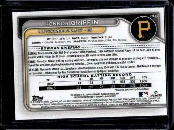 Konnor Griffin 2024 Bowman Draft Chrome Purple Auto /250 Pittsburgh Pirates CPA-KG - Image 2