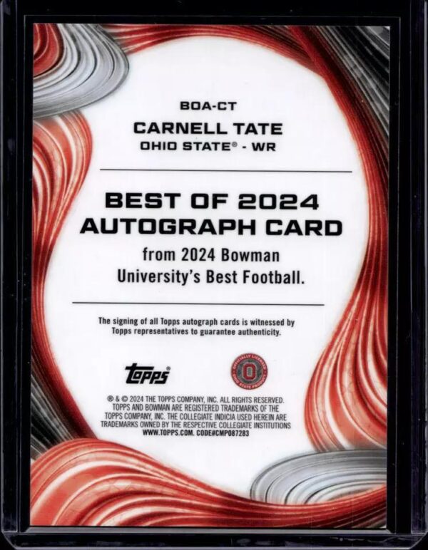 Carnell Tate 2024 Bowman University Best Auto Ohio State Buckeyes BOA-CT - Image 2