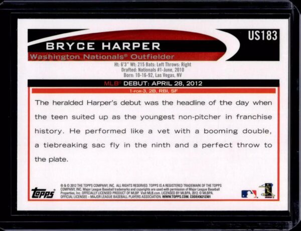 Bryce Harper 2012 Topps Update RC Washington Nationals US183 - Image 2