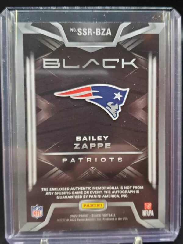 Bailey Zappe 2022 Panini Black RC Relic Auto /99 New England Patriots SSR-BZA - Image 2