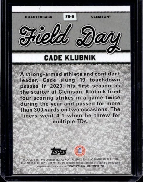 Cade Klubnik 2024 Bowman Best University Field Day White Refractor /5 Clemson Tigers FD-9 - Image 2