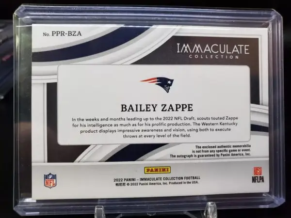 Bailey Zappe 2022 Panini Immaculate RC Patch Auto /25 New England Patriots - Image 2