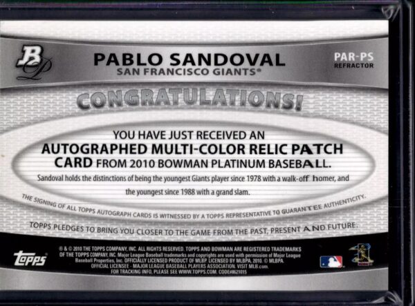 Pablo Sandoval 2010 Bowman Platinum Green Auto /199 San Francisco Giants - Image 2