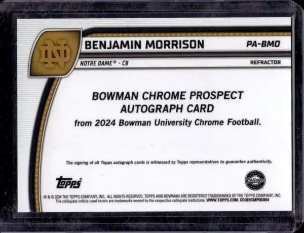 Benjamin Morrison 2024 Bowman U Chrome Refractor Auto /299 Notre Dame Fighting Irish PA-BMO - Image 2