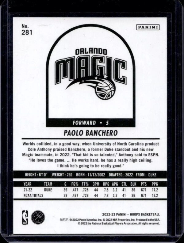 Paolo Banchero 2022-23 Hoops Blue Explosion RC /59 Orlando Magic 281 - Image 2