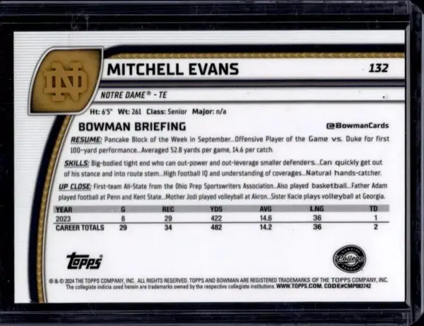 Mitchell Evans 2024 Bowman U Chrome Black White Stealth /48 Notre Dame Fighting Irish 132 - Image 2