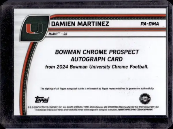 Damien Martinez 2024 Bowman U Chrome Orange Auto /25 Miami Hurricanes PA-DMA - Image 2