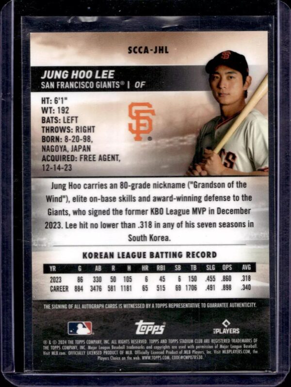 Jung Hoo Lee 2024 Stadium Club Chrome Auto RC San Francisco Giants SCCA-JHL - Image 2