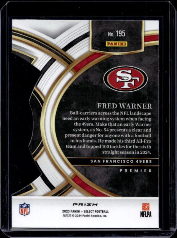 Fred Warner 2023 Panini Select Zebra Prizm Die Cut San Francisco 49ers 195 - Image 2